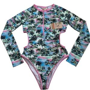 NWT OP Ocean Pacific Long Sleeve Swimsuit Cut-Out Side Zip Tropical Palm Tree L
